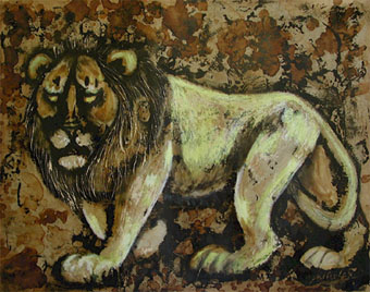 Lucas SITHOLE "Lion", 1963 - Oil & mixed media on board - 076x095 cm