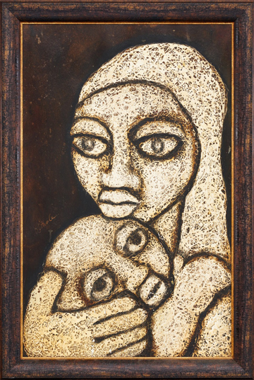 LS6711 Lucas SITHOLE "Mother and child looking for their Father working on the mines" 1967 mixedmedia/acryl/cardboard 90x57 cm