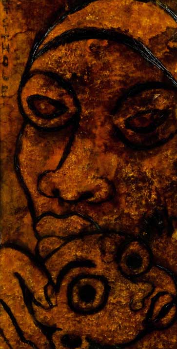 LS6730 Lucas SITHOLE "Mother and Child", 1967 - incised and painted glass panel - 086x041 cm