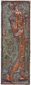 LS6314 Lucas SITHOLE "Two figures embracing", 1963 - panel: copper beaten on wood 70x24.5 cm