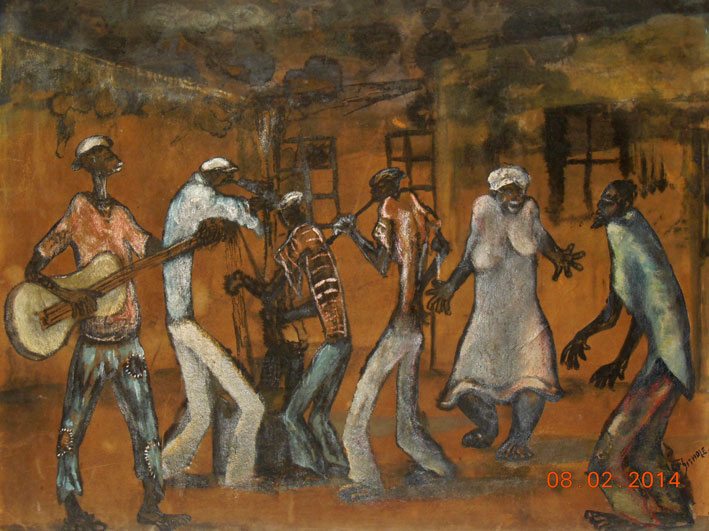 Lucas SITHOLE LS6409 "Dancing around the fire", 1964 - m/media: watercolour + cray-pas pastel - 44x55 cm