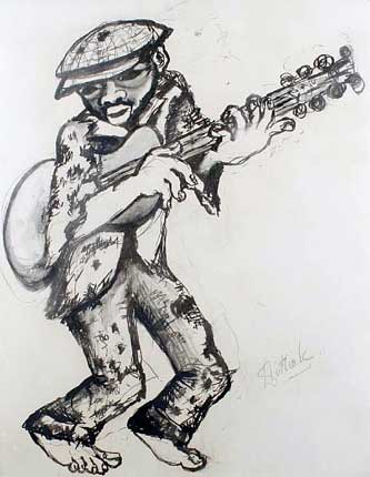 Lucas SITHOLE LS6614 "Guitar Player", 1966 Charcoal and wash on paper - 094x075 cm