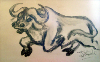 Lucas SITHOLE LS6725 "Buffalo", 1967 - Brush and ink on paper - meas. 082x101 cm