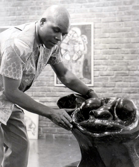 Lucas SITHOLE with LS6817 "Bullfighter", 1968 Ironwood at Gallery 101 Johannesburg 1968